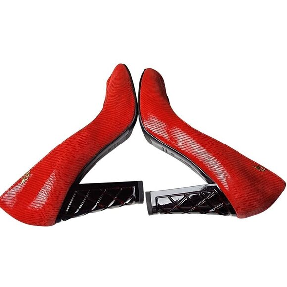 Marino Fabiani Red Snakeskin Leather Peep Toe Pumps Lucite Heel 8.5 - Picture 7 of 12